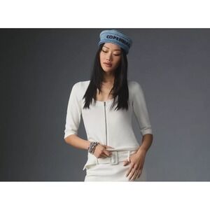 Maeve Anthropologie White Ribbed Zip Front Scoop Neck Elbow Sleeve Top Large